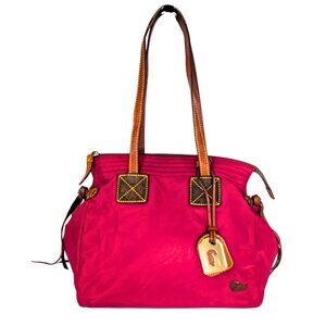 Dooney & Bourke Victoria Red Nylon Brown Leather Medium Zip Tote Bag